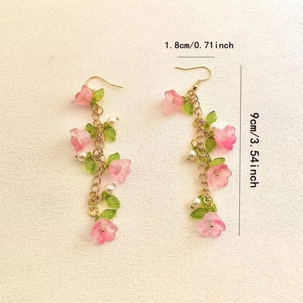 Pink Floral Dangle Earrings Gold Tone Faux Pearl Flower Leaf Drop Fairycore Boho - Picture 2 of 2